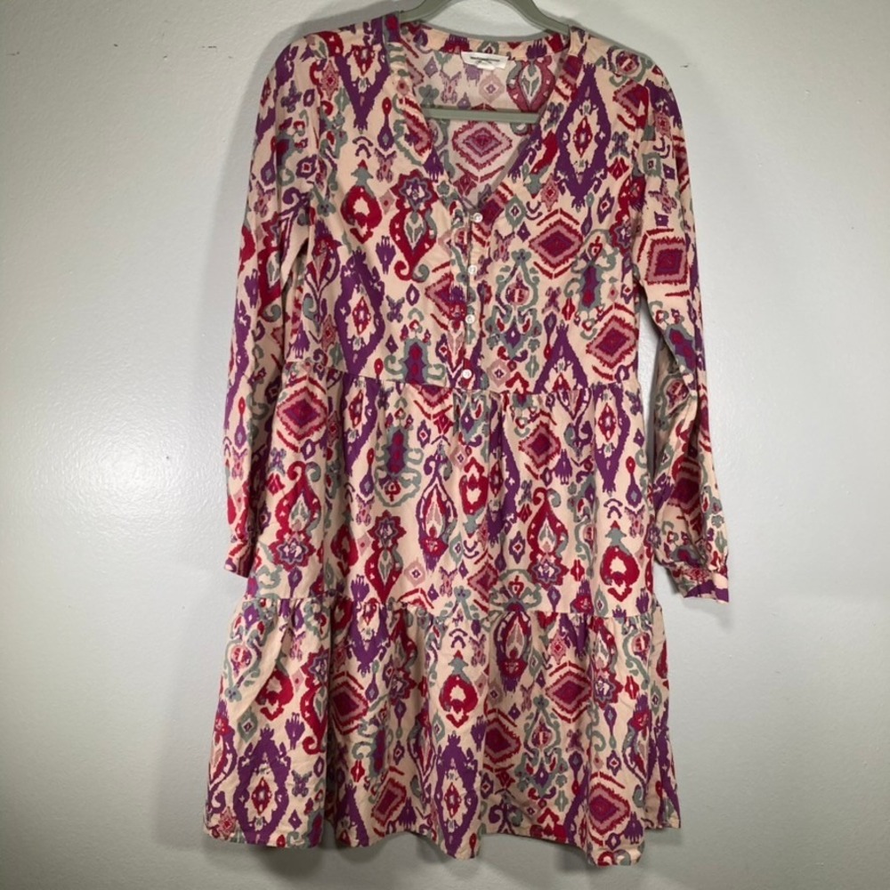 Beachlunchlounge Ikat Print Tiered Mini Dress Pink Purple Long Sleeve XS WPDS209